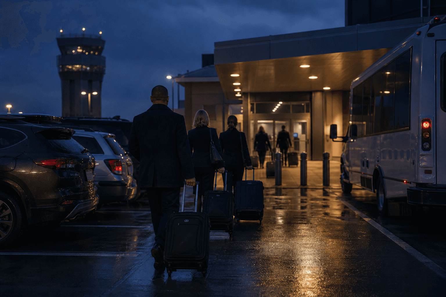 Crew members rolling luggage through an airport base parking and shuttle area at blue hour.