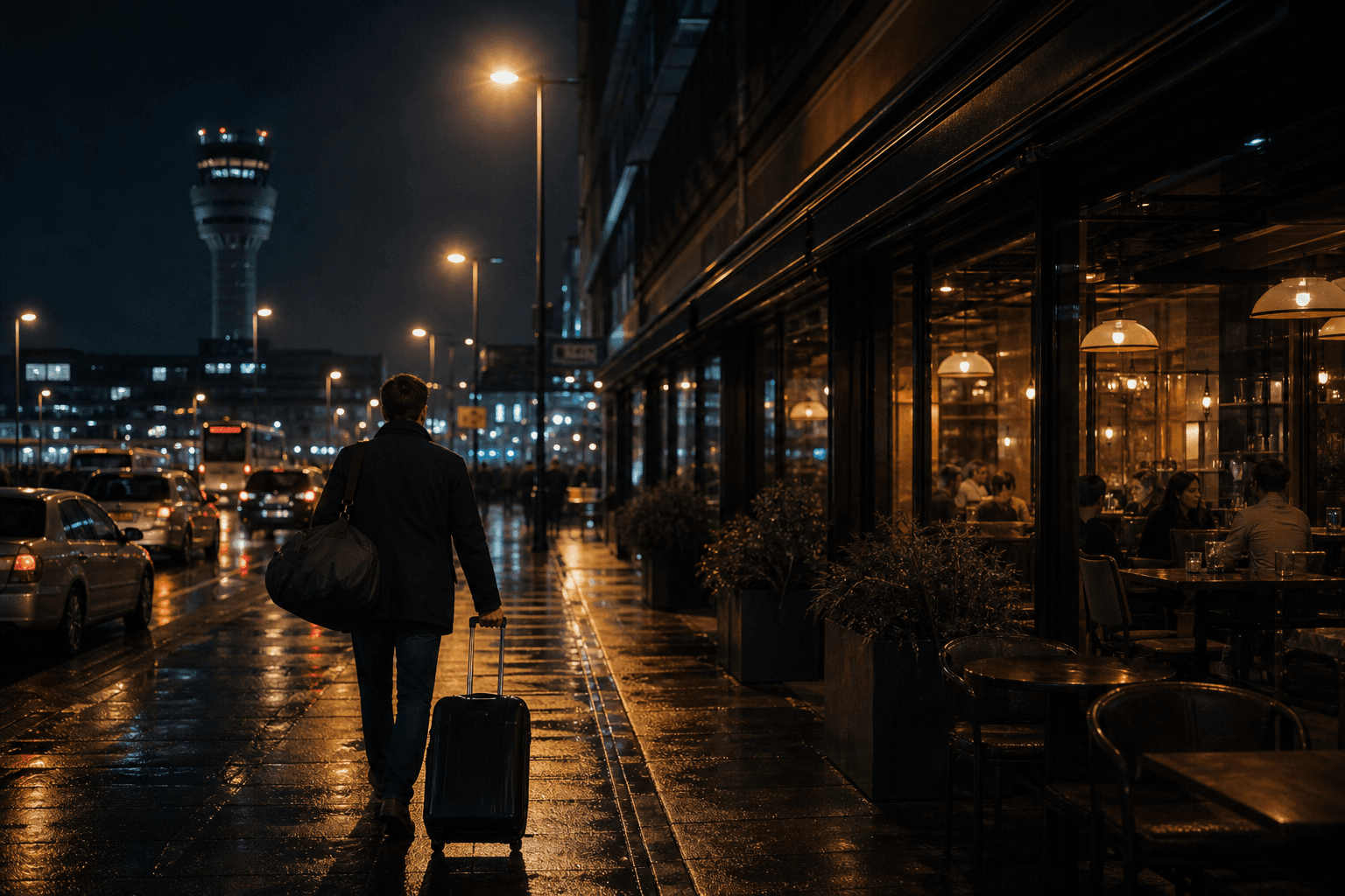 A late-night airport-district street with a restaurant, traffic, and a traveler pulling luggage.